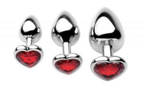 3 piece aluminum butt plug set with heart-shaped base and red gems